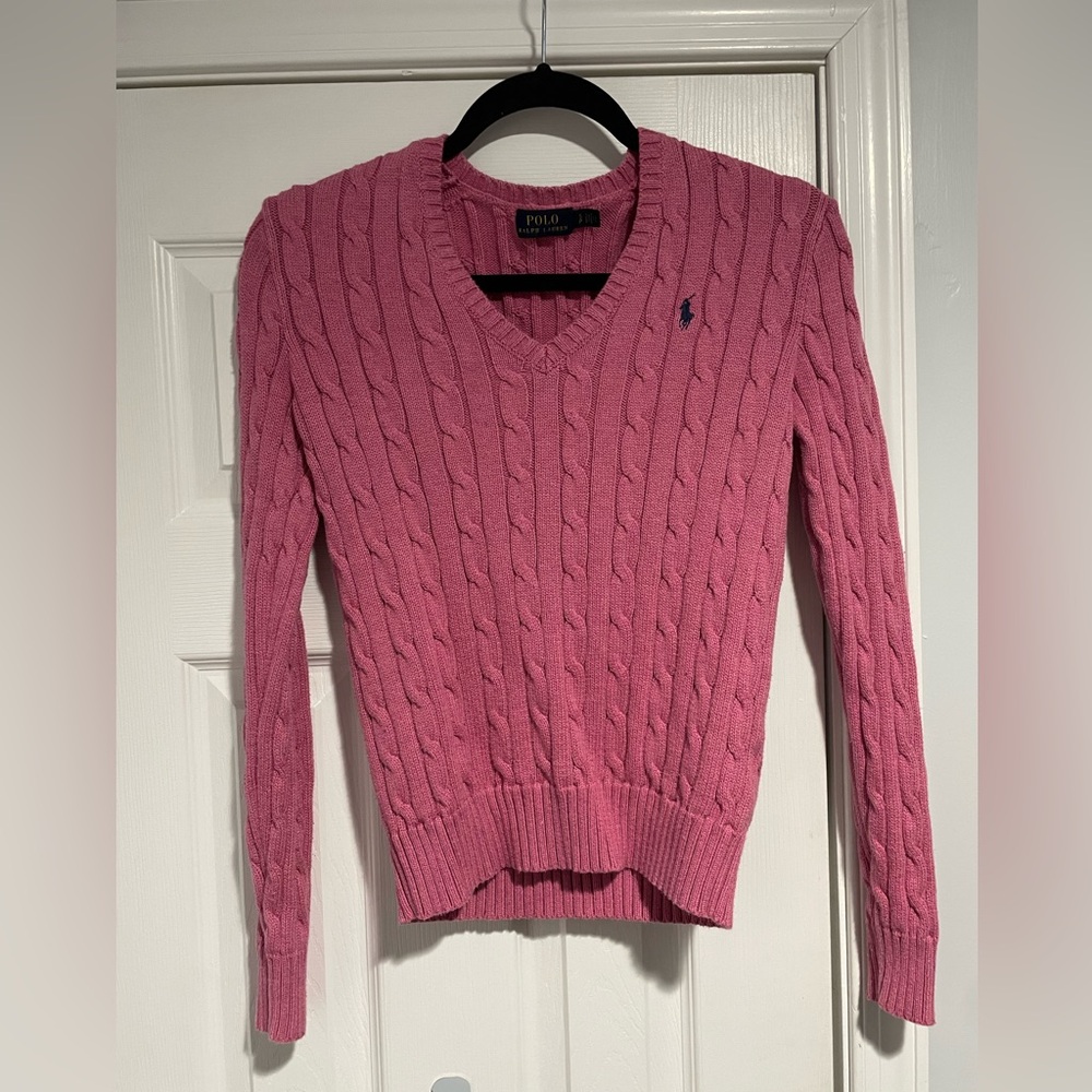 Ralph Lauren Pink Cable-Knit V-Neck Sweater